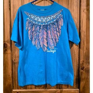 Vintage Miller 1992 Las Vegas Mens Size L Blue Stretch Feather Graphic T-Shirt